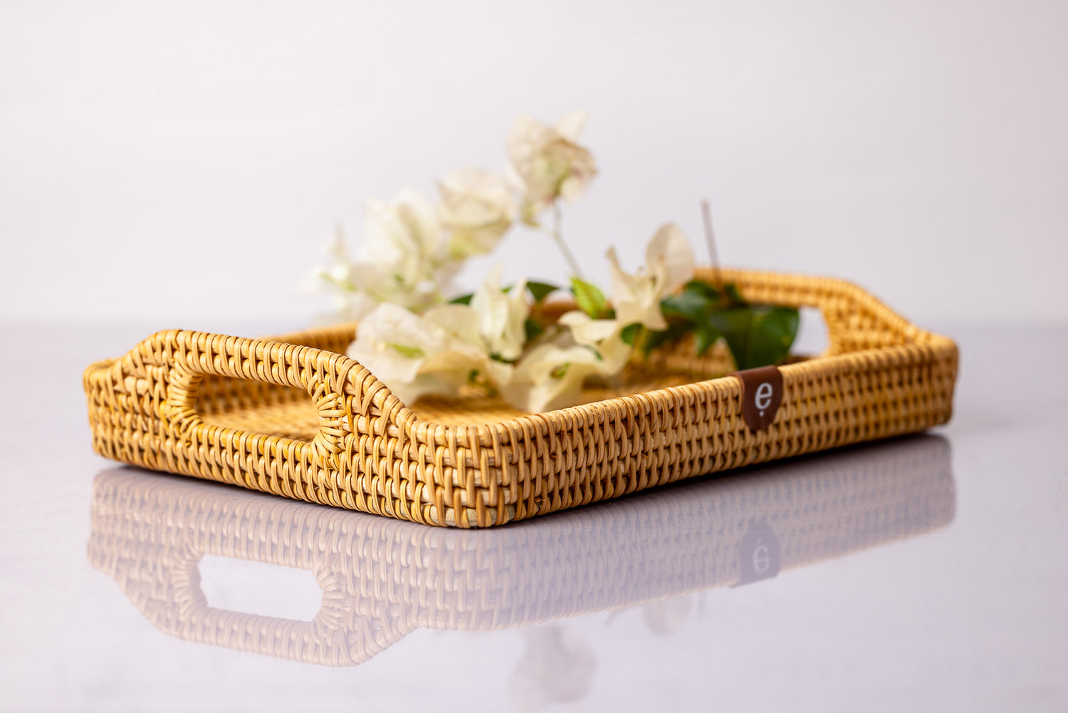 Montessori rectangle rattan tray on an angle