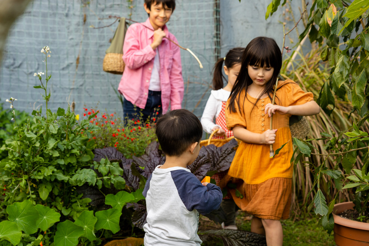 Group of children exploring their natural surroundings with child sized baskets